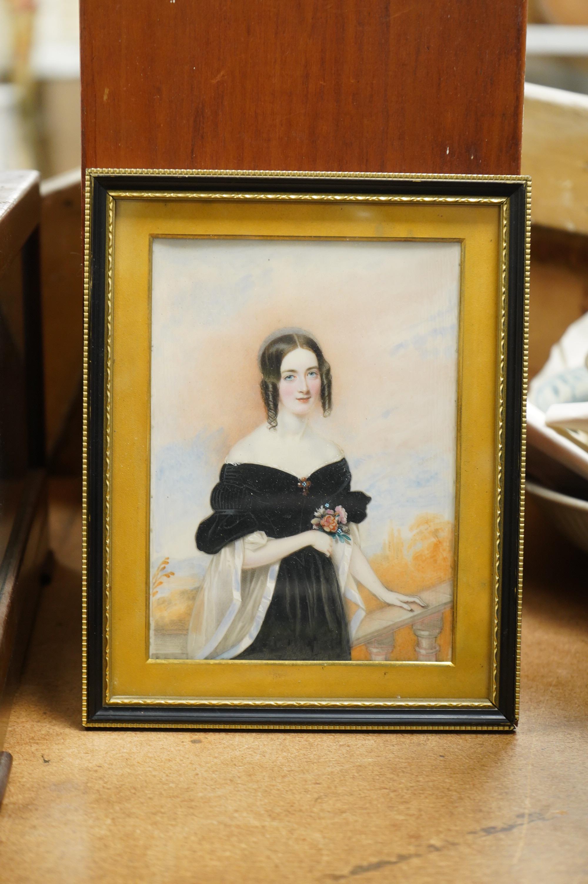 Victorian school, Portrait miniature of Anna Maria Denham, watercolour on ivory, various inscriptions verso to include ‘married George Stevenson’ and ‘Bath 1839’, framed, 16 x 11.5cm CITES Submission reference TZMDS8PC